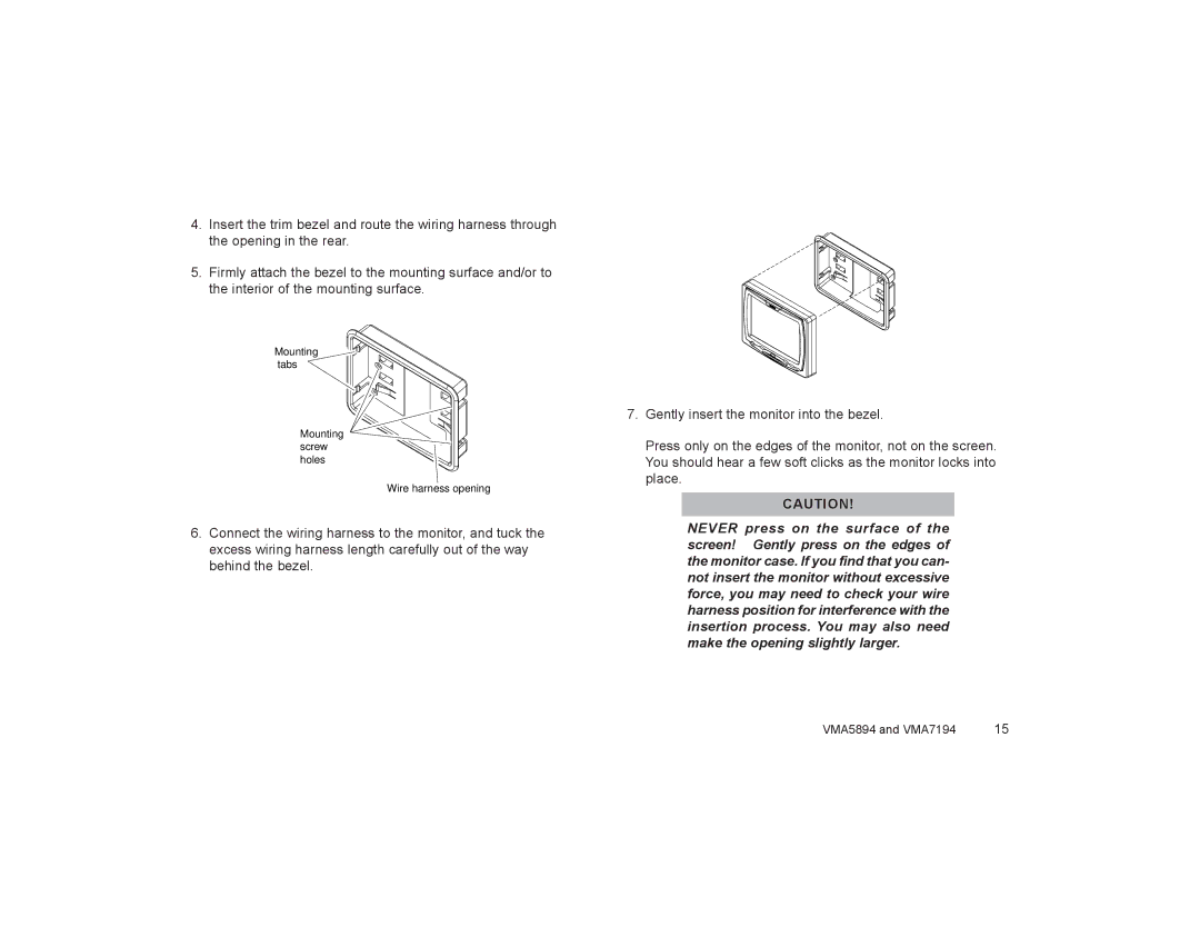 Clarion VMA5894 owner manual Mounting tabs Mounting screw holes Wire harness opening 