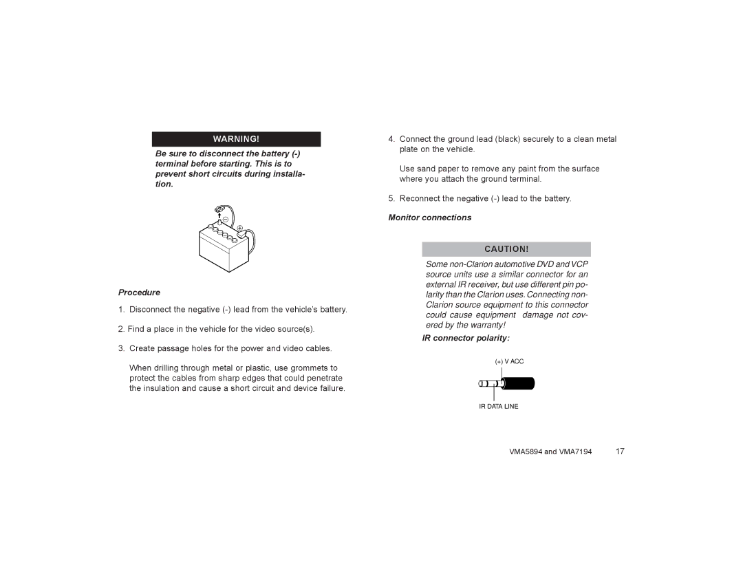 Clarion VMA5894 owner manual Monitor connections, IR connector polarity 