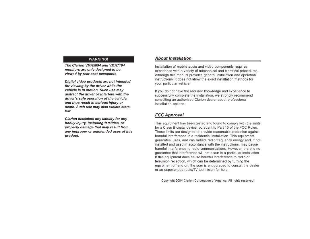 Clarion VMA5894 owner manual About Installation, FCC Approval 