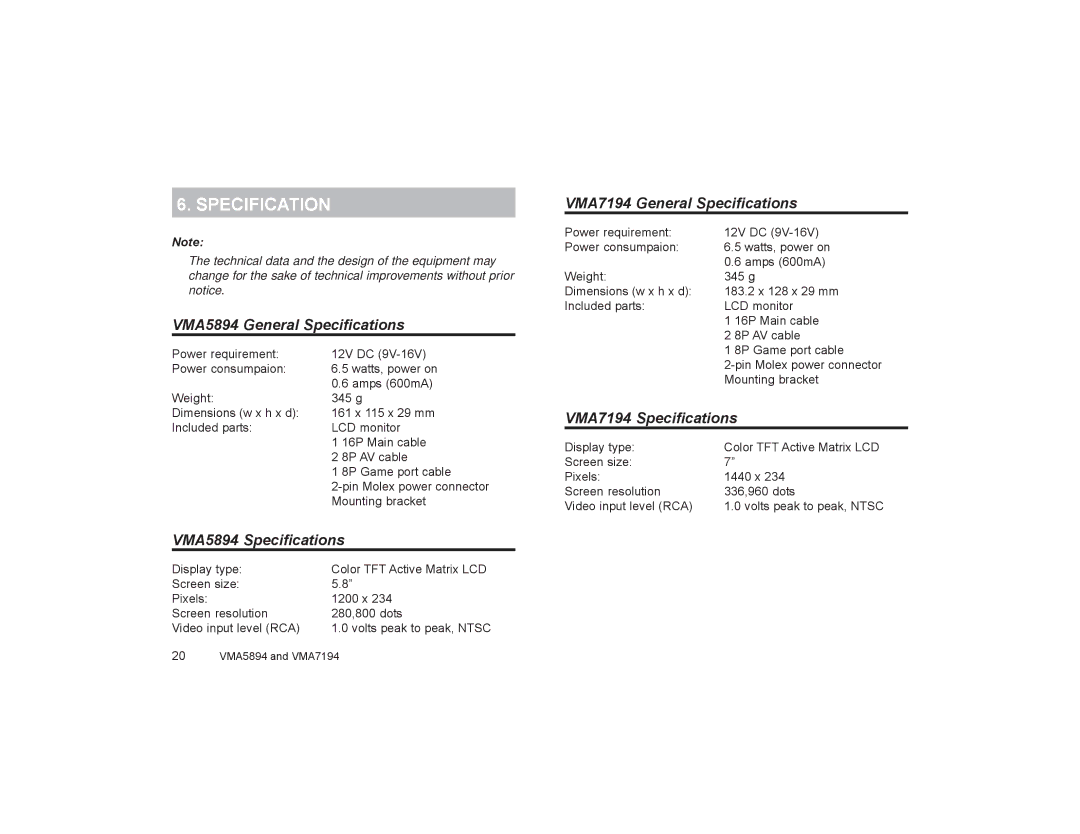 Clarion owner manual VMA5894 General Specifications, VMA5894 Specifications, VMA7194 General Specifications 