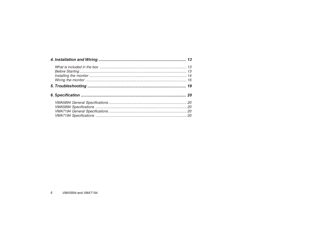 Clarion VMA5894 owner manual Installation and Wiring, Troubleshooting Specification 