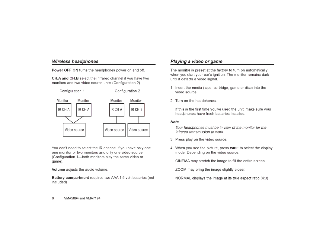 Clarion VMA5894 owner manual Wireless headphones, Playing a video or game 