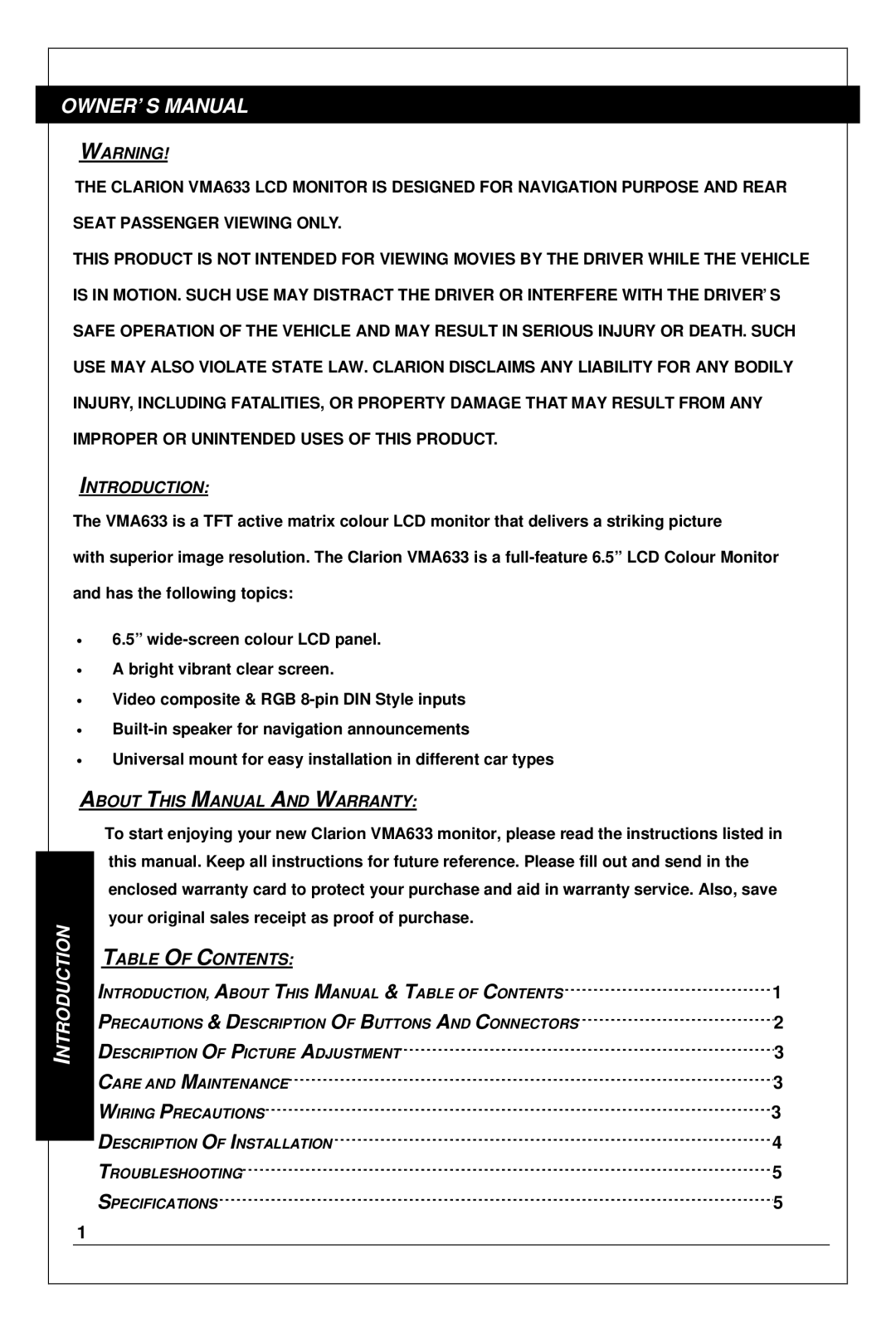 Clarion VMA633 owner manual Introduction, About this Manual and Warranty, Table of Contents 