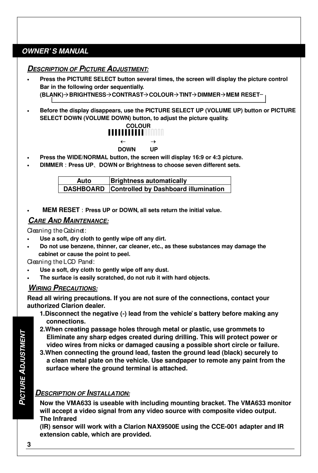 Clarion VMA633 owner manual Description of Picture Adjustment, Care and Maintenance, Wiring Precautions 