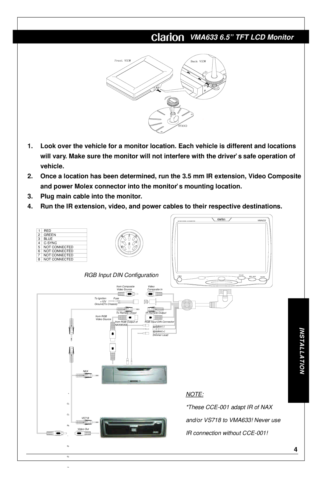 Clarion VMA633 owner manual Nstallation 