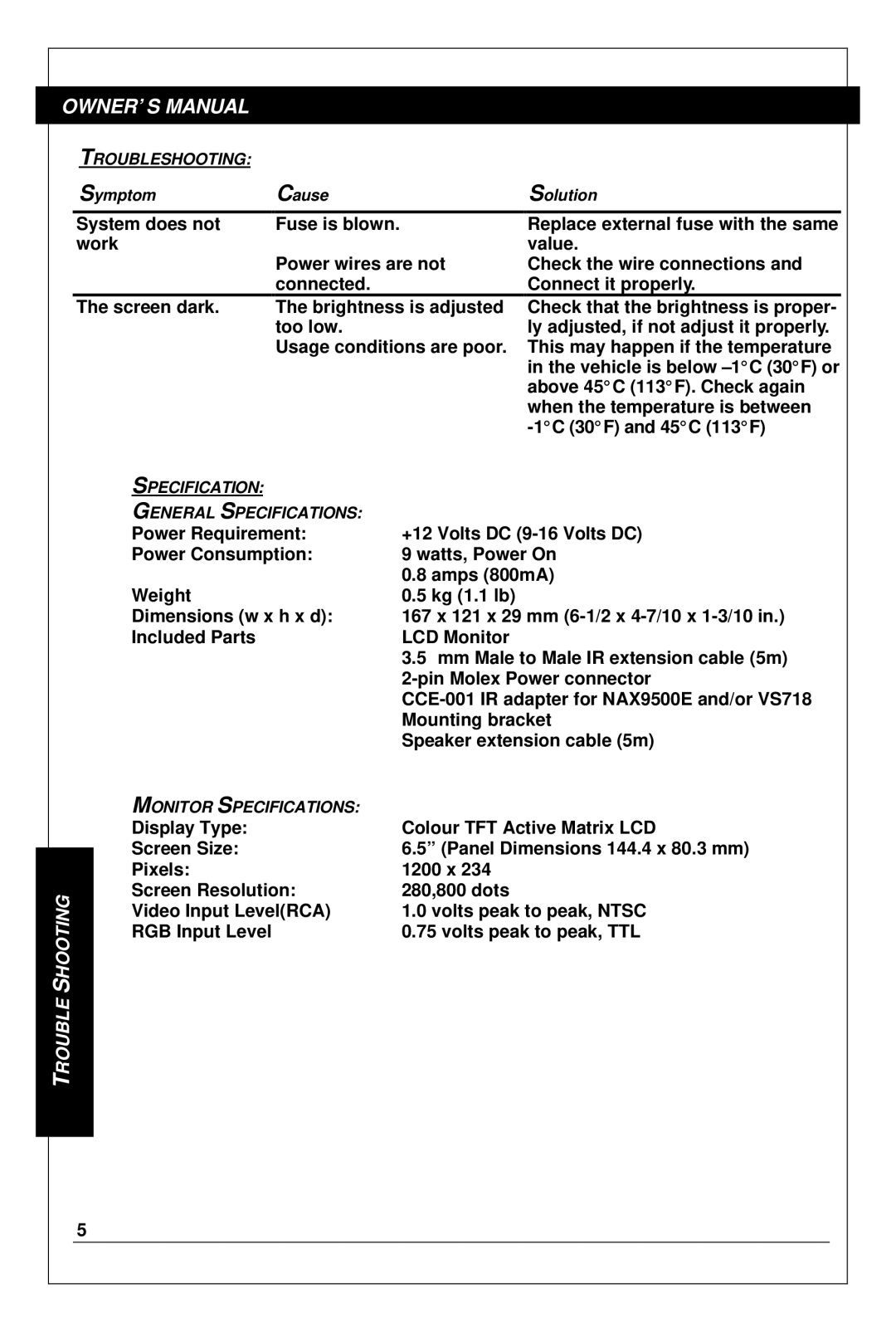 Clarion VMA633 owner manual Trouble Shooting, Troubleshooting, Specification General Specifications, Monitor Specifications 