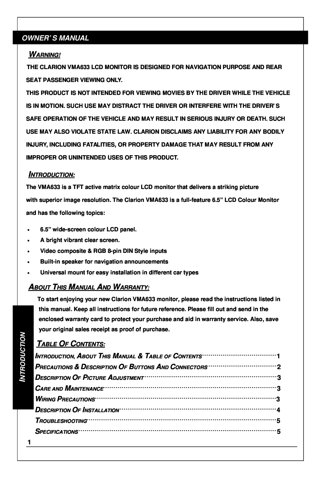 Clarion VMA633 owner manual Owner’S Manual, Introduction, About This Manual And Warranty, Table Of Contents 