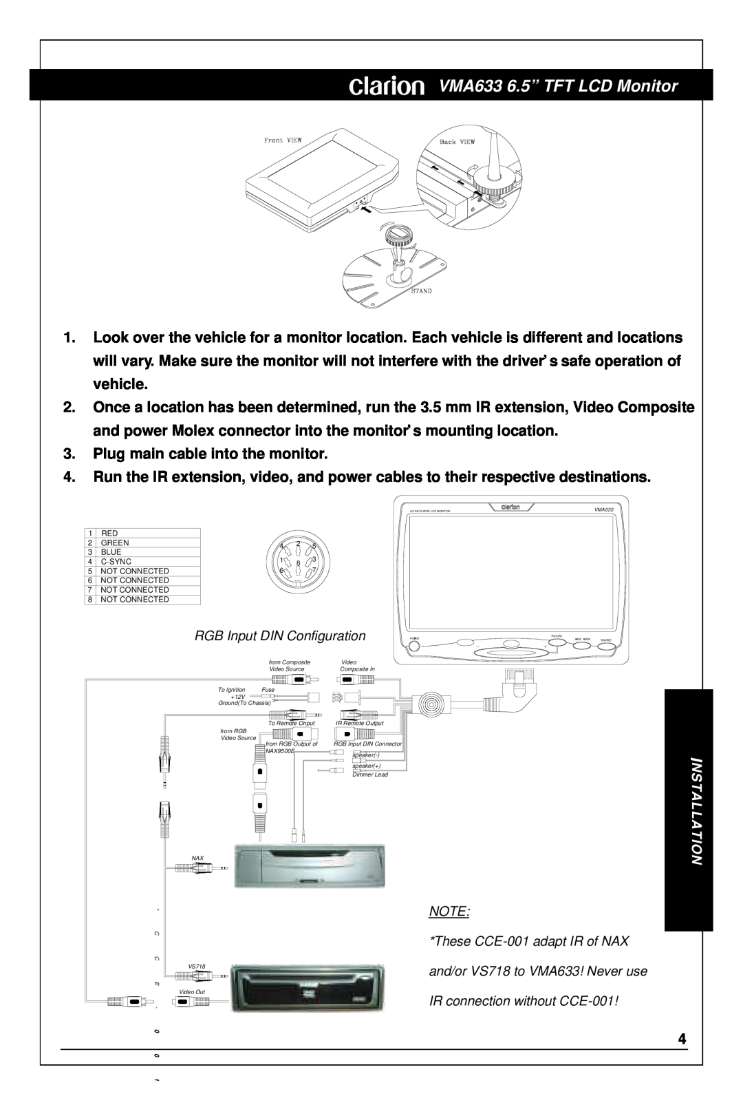 Clarion owner manual Nstallation, VMA633 6.5” TFT LCD Monitor, Plug main cable into the monitor 