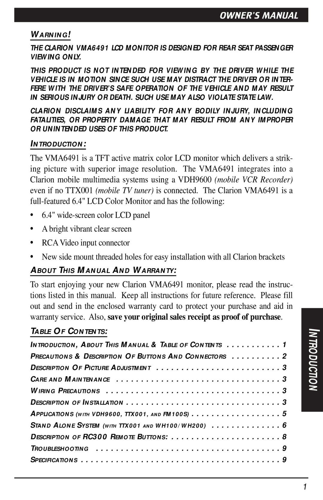 Clarion VMA6491 owner manual Ownerõs Manual 