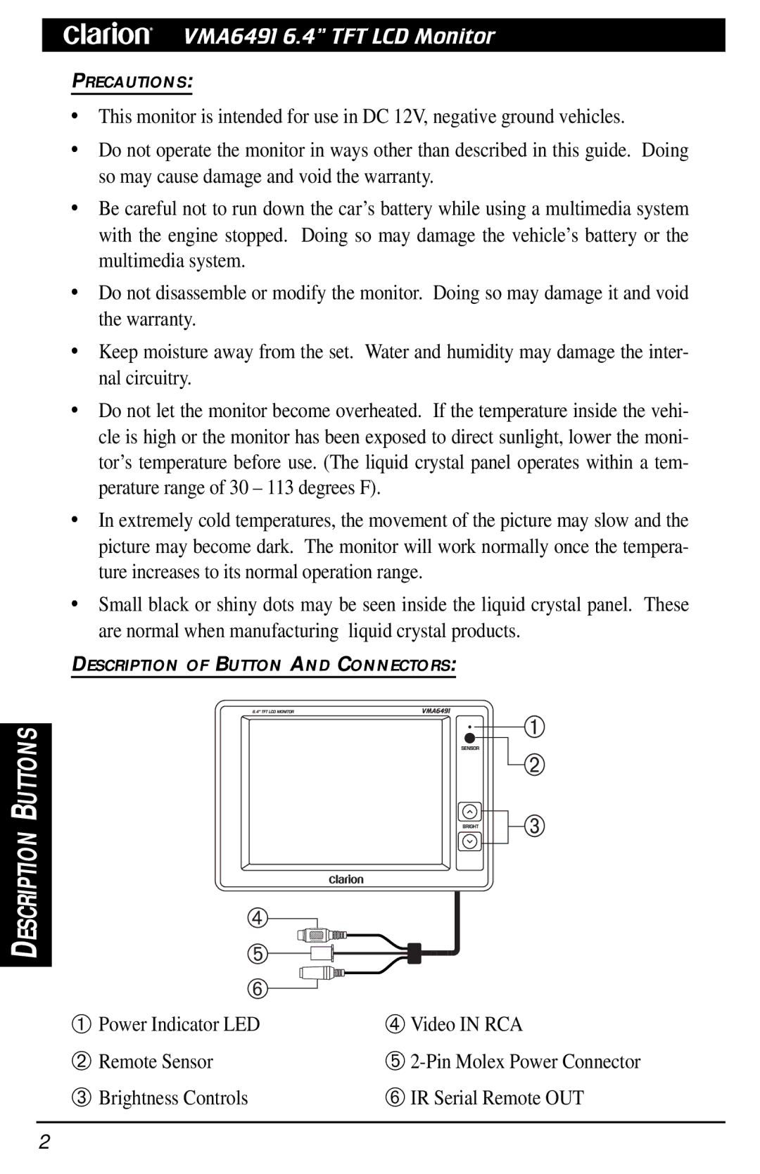 Clarion owner manual VMA6491 6.4Ó TFT LCD Monitor 