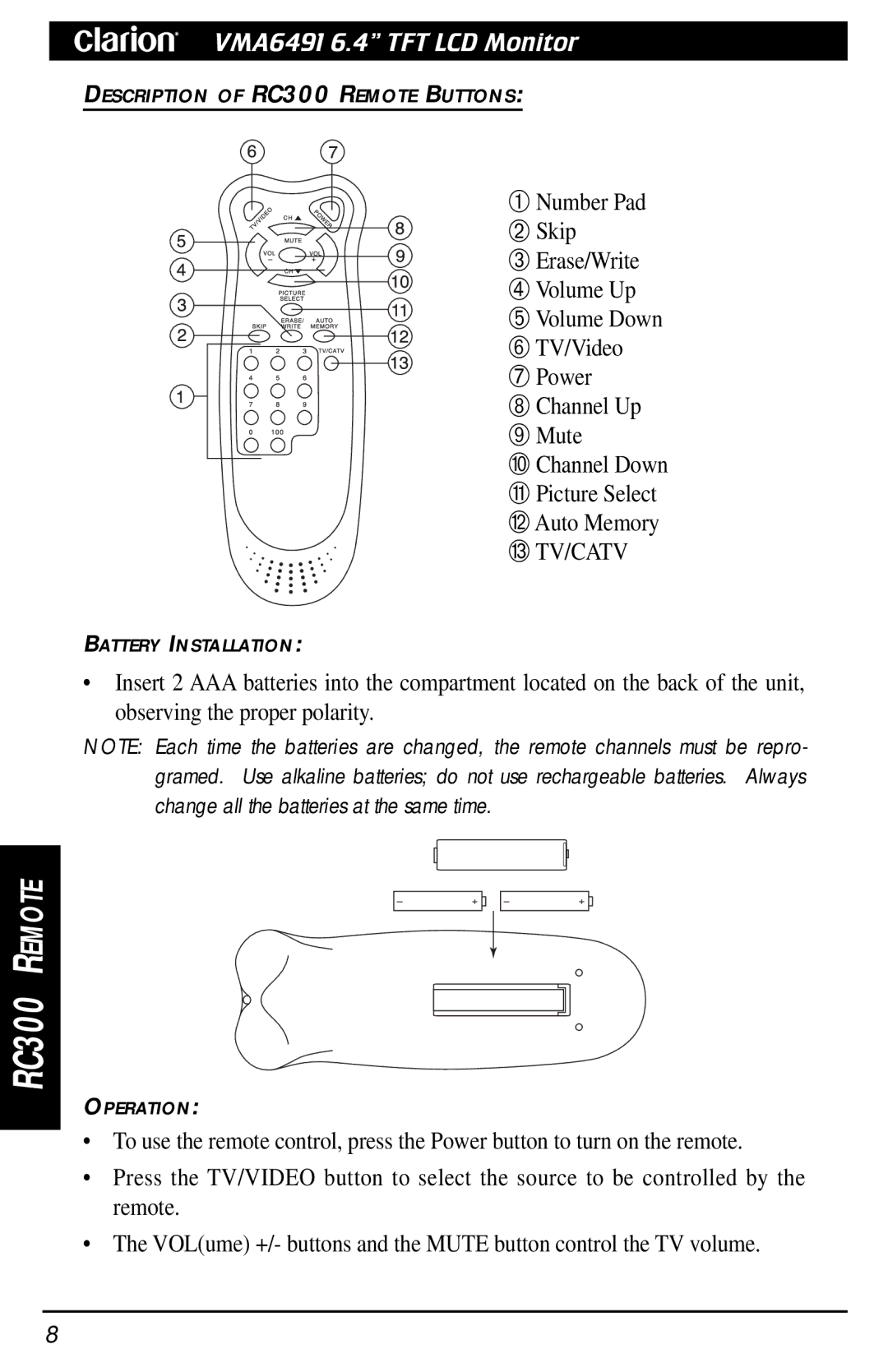 Clarion VMA6491 owner manual RC300 Remote 