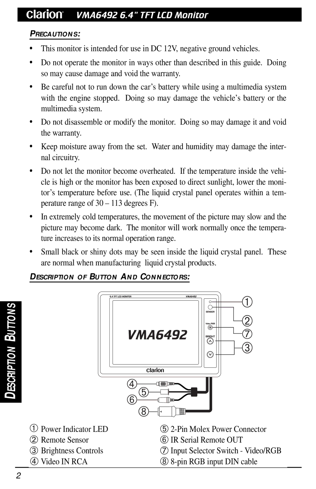 Clarion owner manual VMA6492 6.4Ó TFT LCD Monitor 