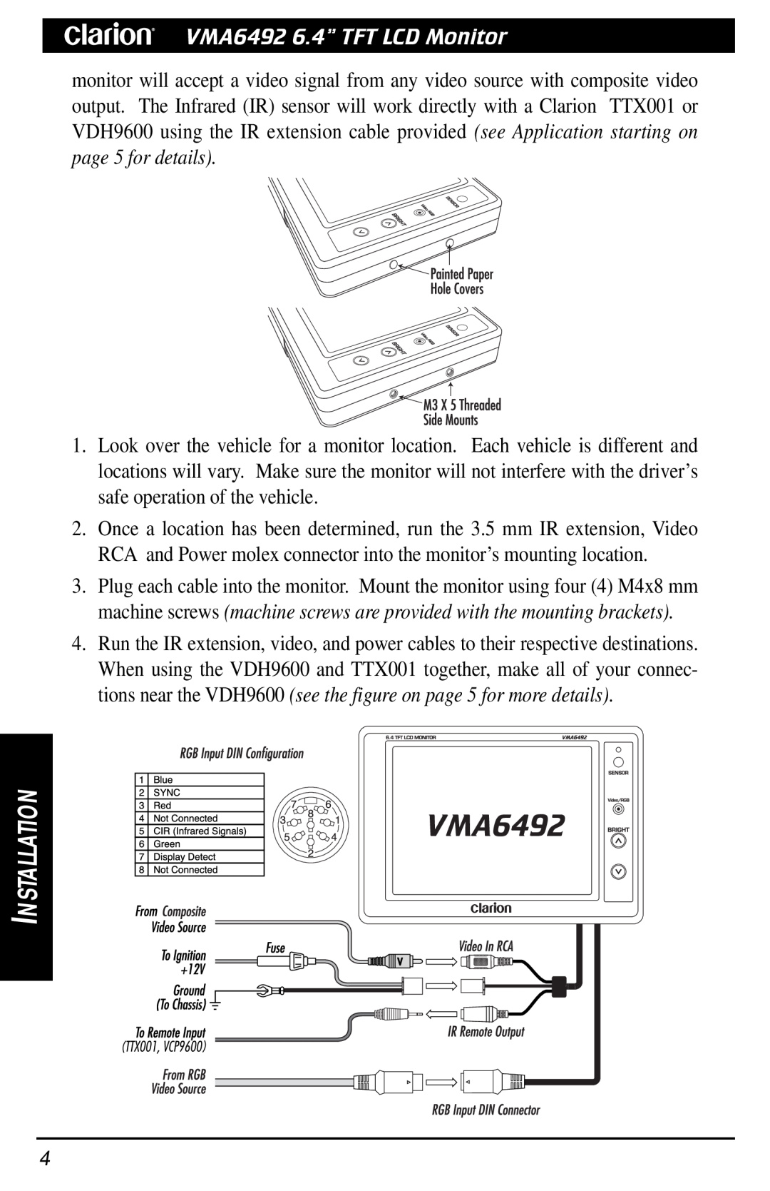 Clarion owner manual VMA6492 6.4Ó TFT LCD Monitor, Installation 