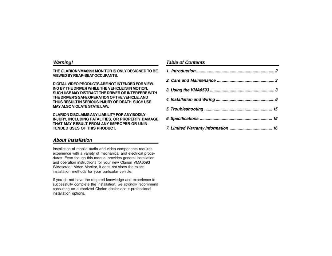 Clarion VMA6593 specifications About Installation, Table of Contents 