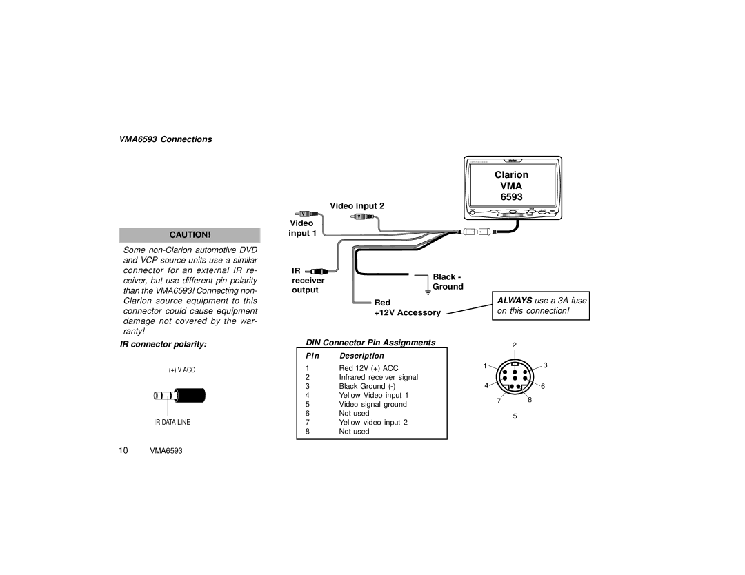 Clarion specifications VMA6593 Connections, IR connector polarity, DIN Connector Pin Assignments 