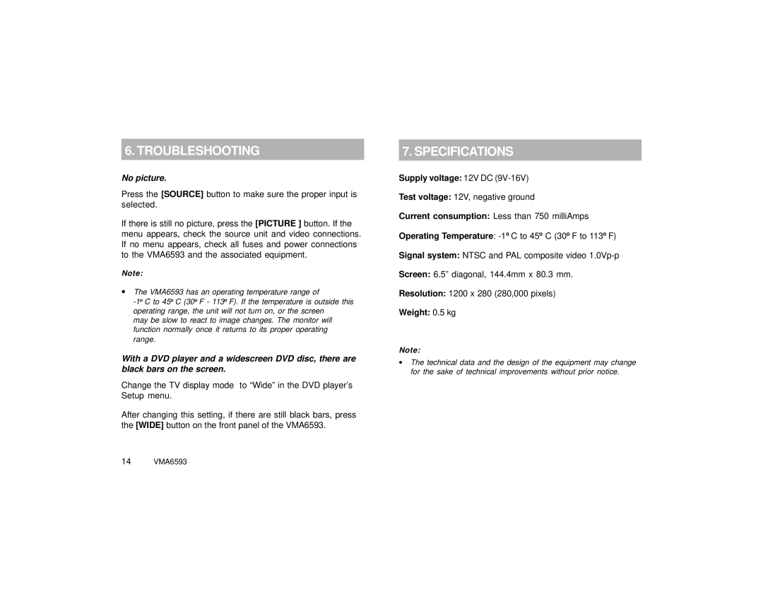 Clarion VMA6593 specifications Troubleshooting, Specifications, No picture 