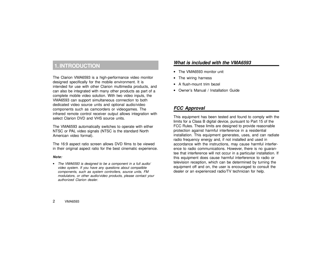 Clarion specifications Introduction, What is included with the VMA6593, FCC Approval 