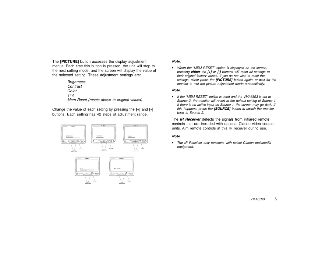 Clarion VMA6593 specifications Brightness Contrast Color 