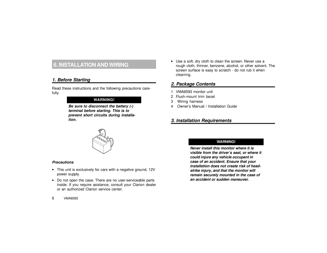 Clarion VMA6593 specifications Installation and Wiring, Before Starting, Package Contents, Installation Requirements 