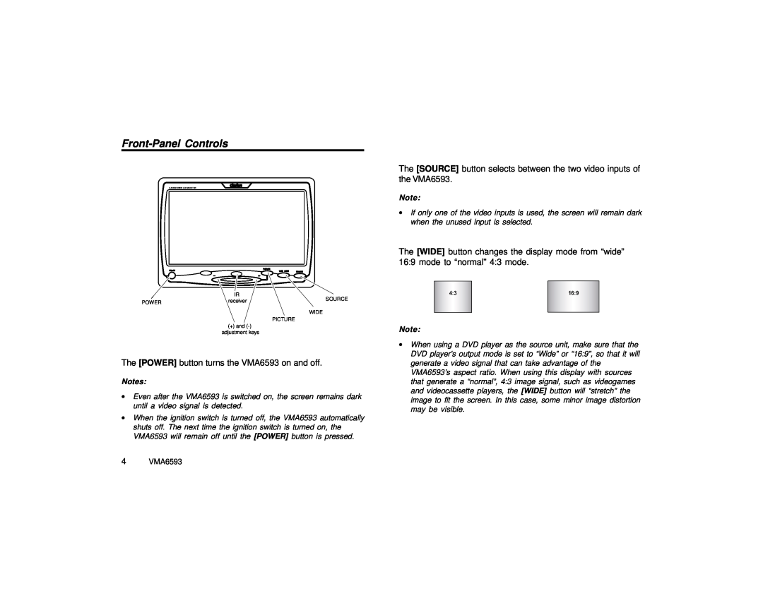 Clarion specifications Front-Panel Controls, The POWER button turns the VMA6593 on and off 