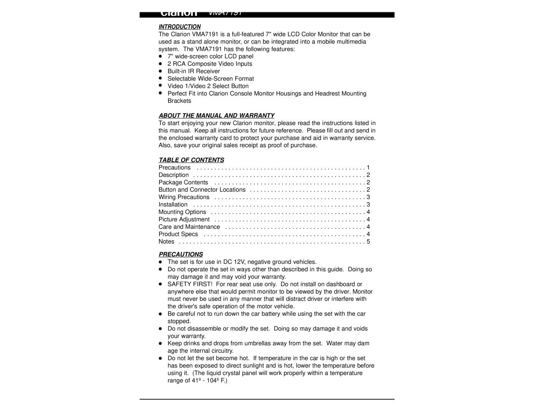 Clarion VMA7191 owner manual Introduction, About the Manual and Warranty, Table of Contents, Precautions 