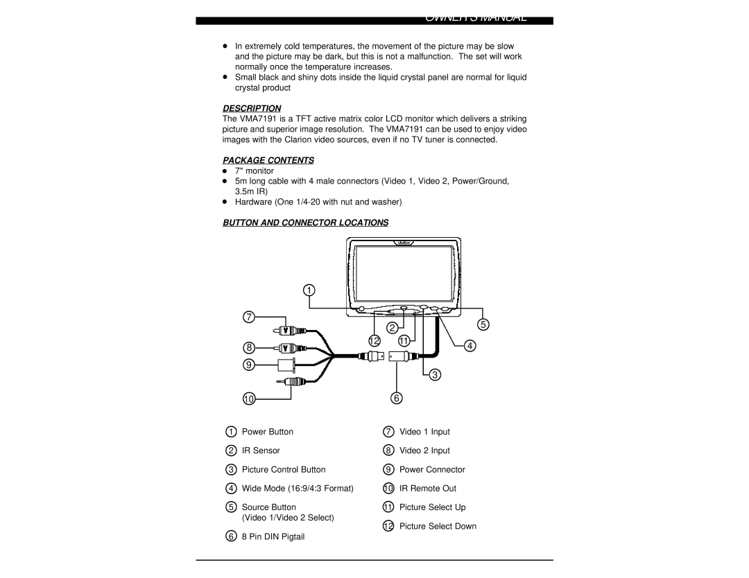 Clarion VMA7191 owner manual Description, Package Contents, Button and Connector Locations 