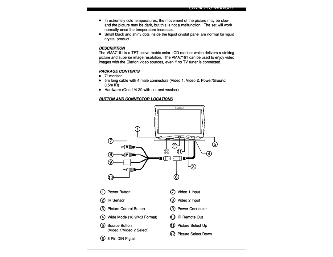 Clarion VMA7191 owner manual Description, Package Contents, Button And Connector Locations 