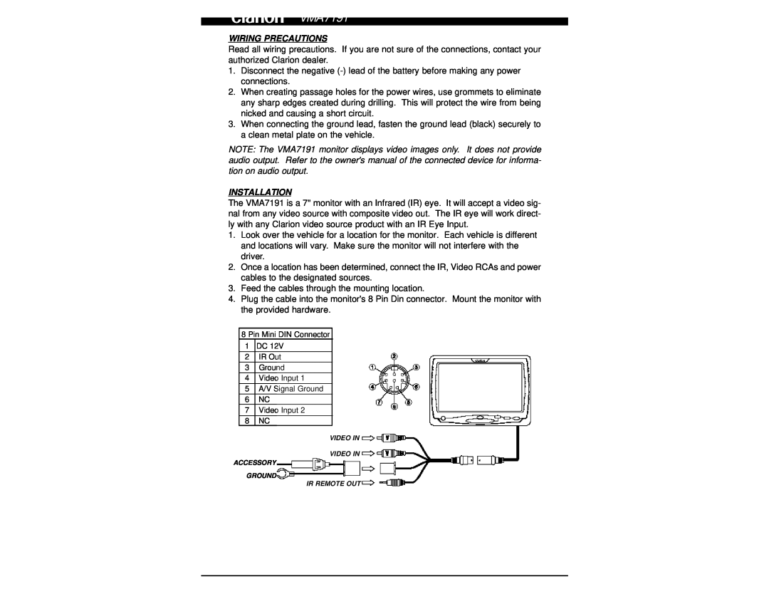 Clarion VMA7191 owner manual Wiring Precautions, Installation 