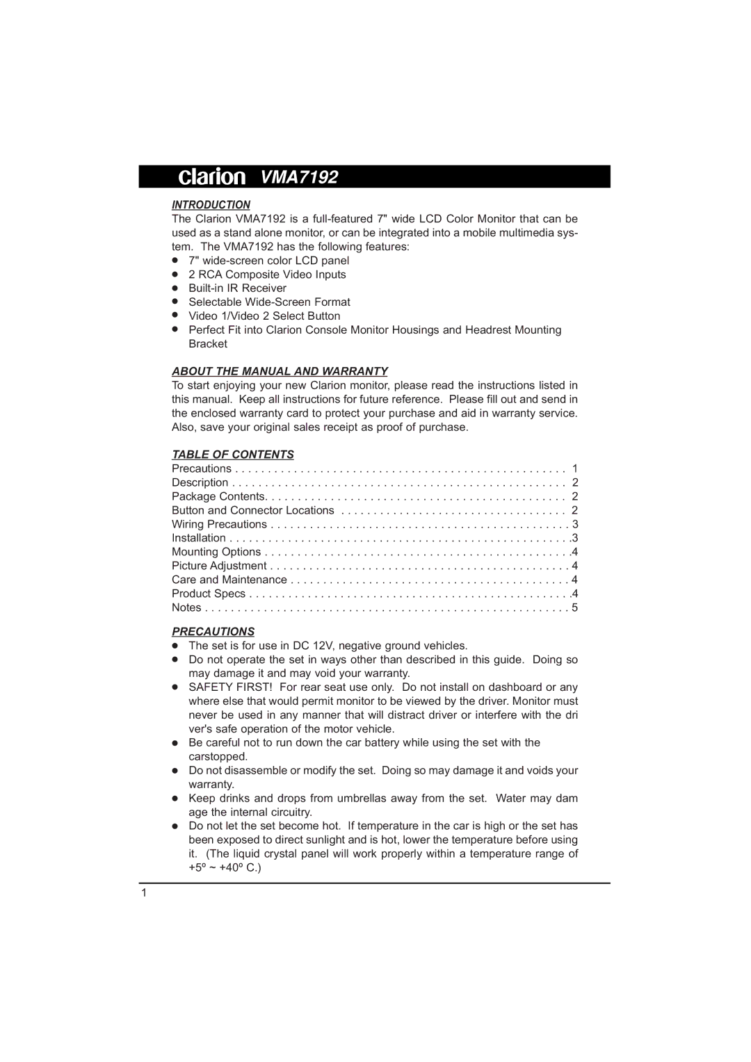 Clarion VMA7192 owner manual Introduction, About the Manual and Warranty, Table of Contents, Precautions 