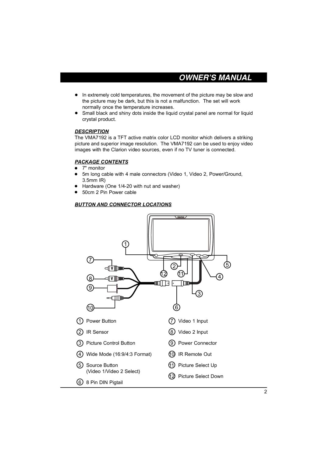 Clarion VMA7192 owner manual Description, Package Contents, Button and Connector Locations 