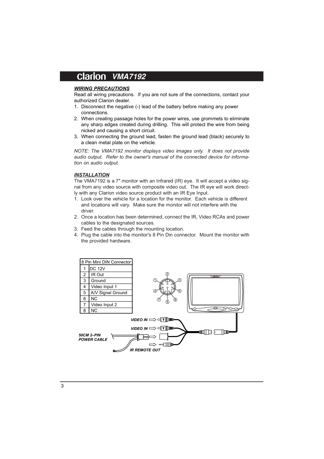 Clarion VMA7192 owner manual Wiring Precautions, Installation 