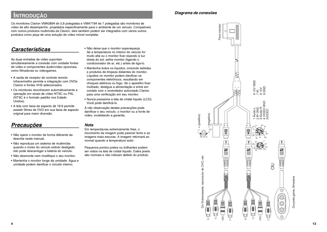 Clarion VMA7194 manual Características, Precauções, Diagrama de conexões, Nota 