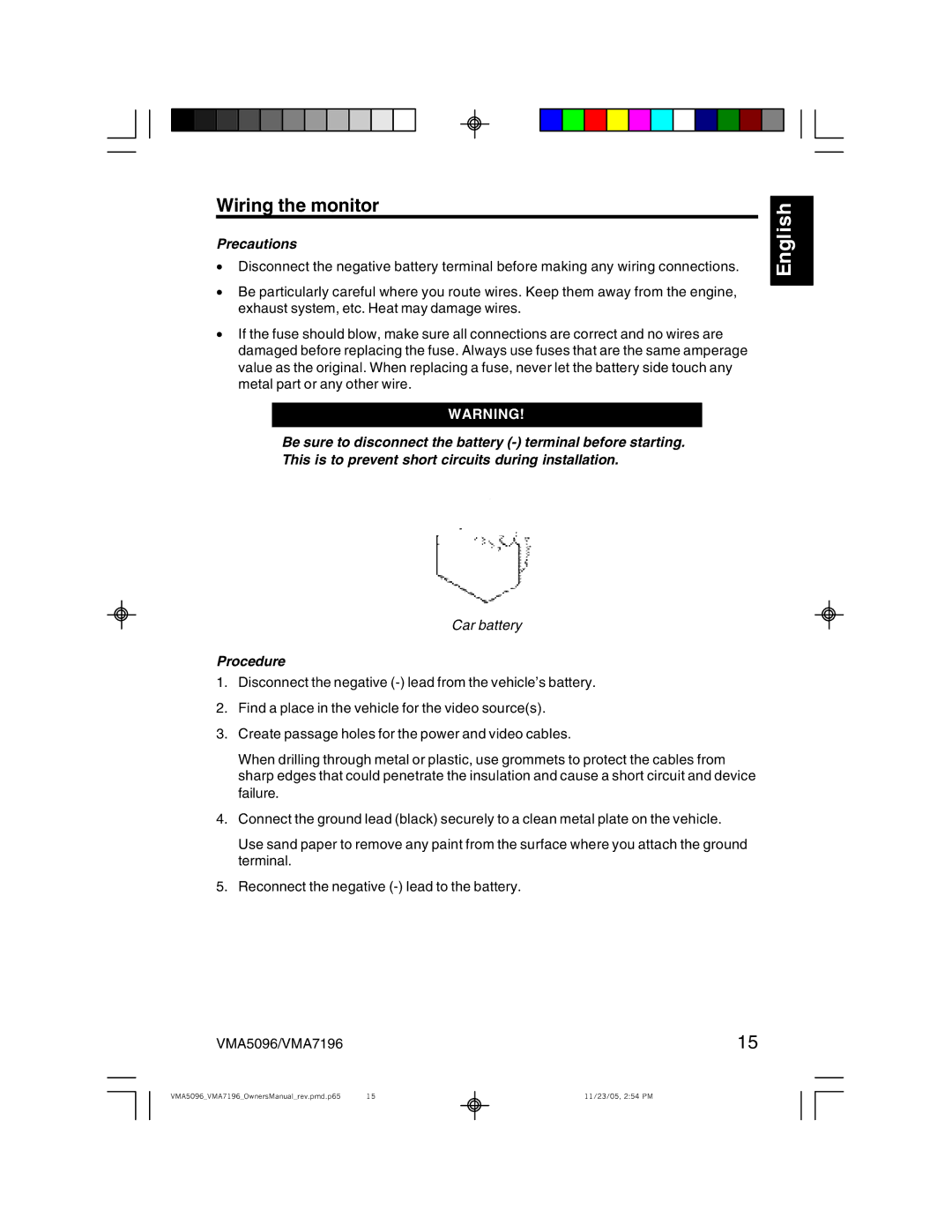 Clarion VMA5096, VMA7196 owner manual Wiring the monitor, Procedure 