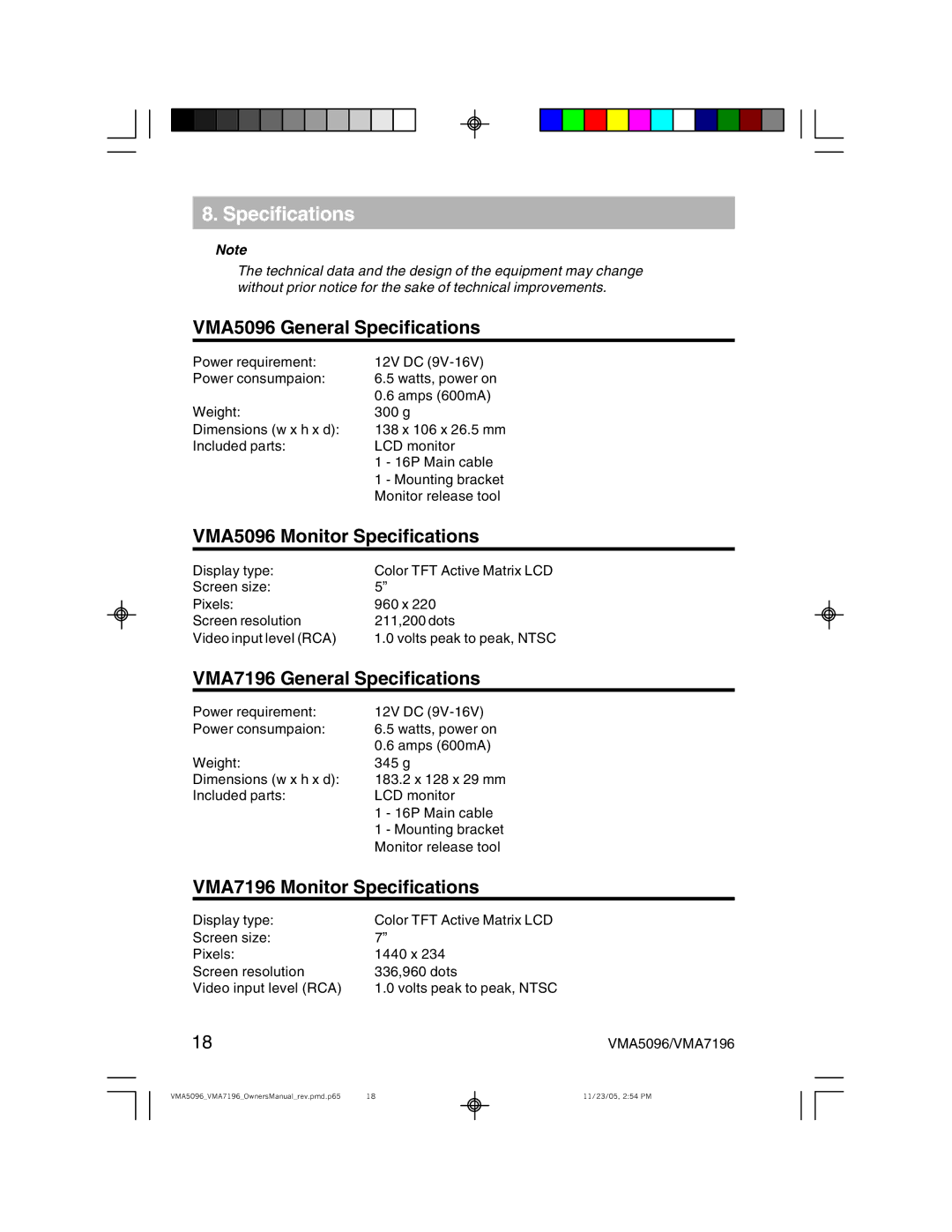 Clarion owner manual VMA5096 General Specifications, VMA5096 Monitor Specifications, VMA7196 General Specifications 