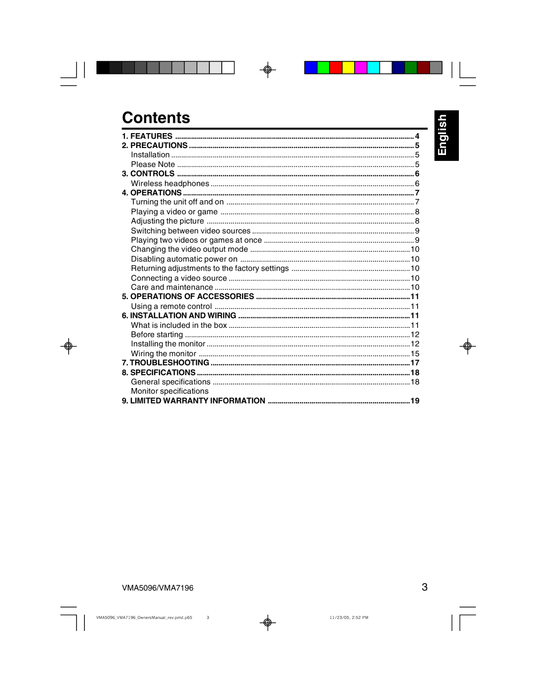 Clarion VMA5096, VMA7196 owner manual Contents 