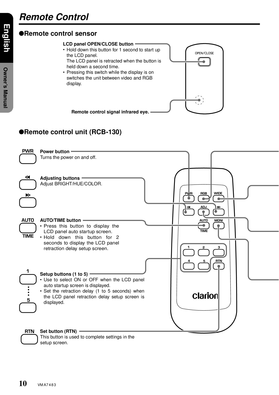 Clarion VMA7483 owner manual Remote Control, Remote control sensor, Remote control unit RCB-130 