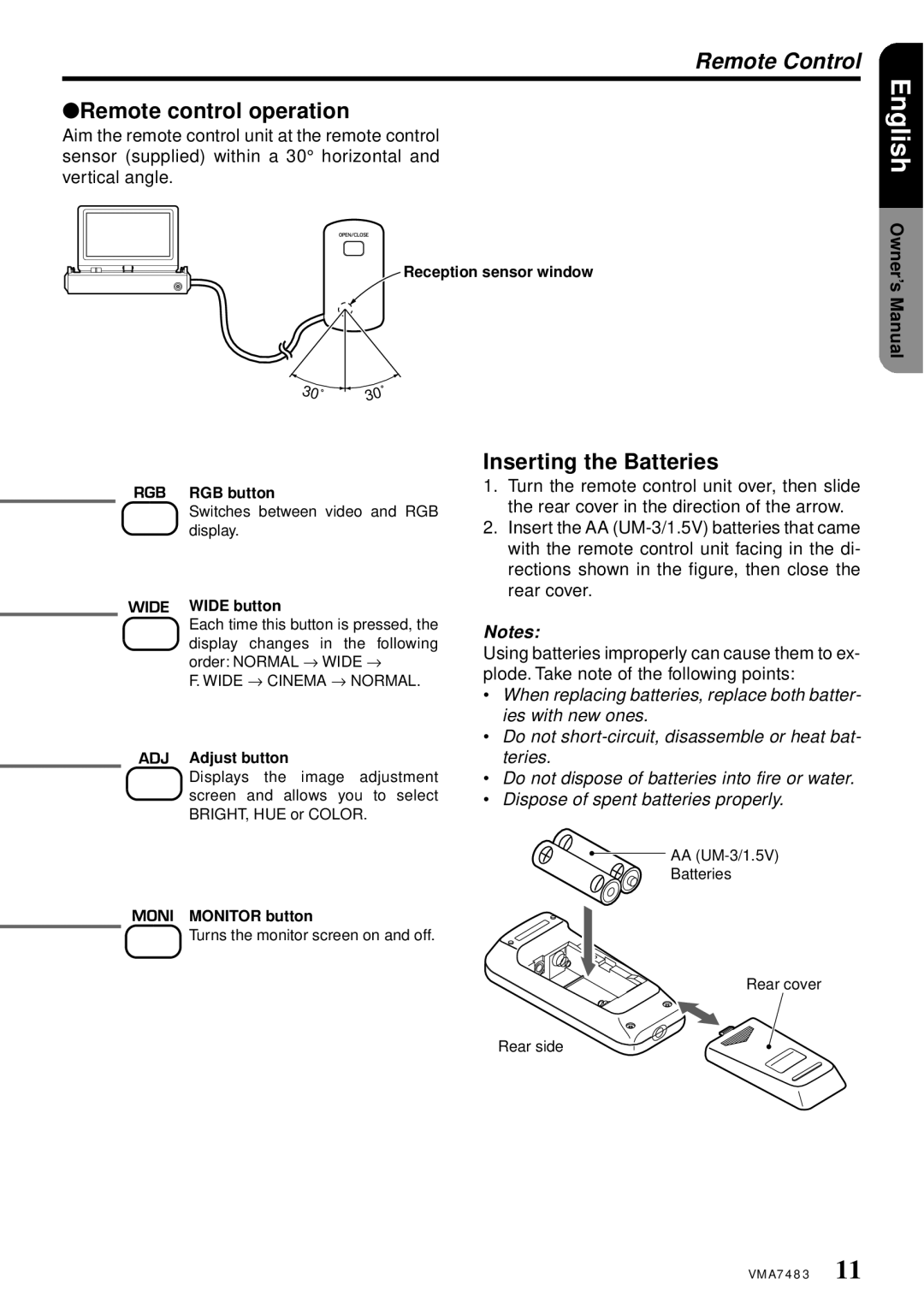 Clarion VMA7483 owner manual Remote control operation, Inserting the Batteries 