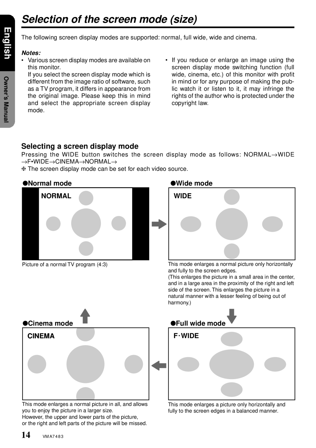 Clarion VMA7483 owner manual Selection of the screen mode size, Selecting a screen display mode 