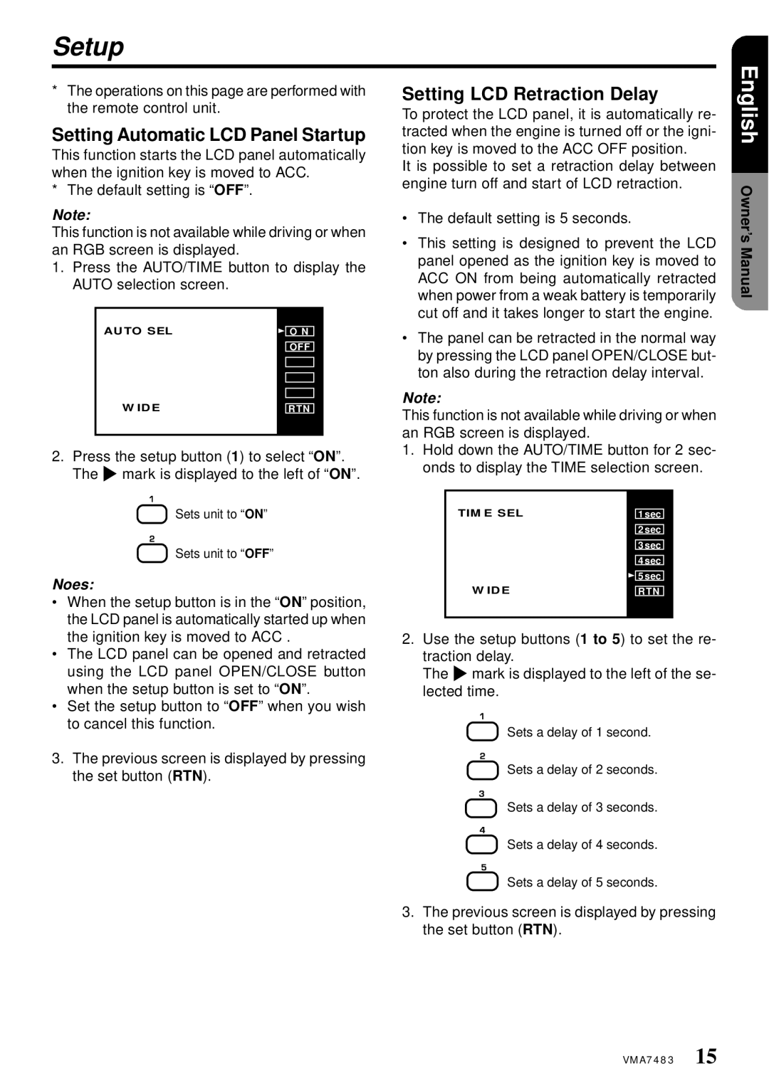 Clarion VMA7483 owner manual Setup, Setting Automatic LCD Panel Startup, Setting LCD Retraction Delay 