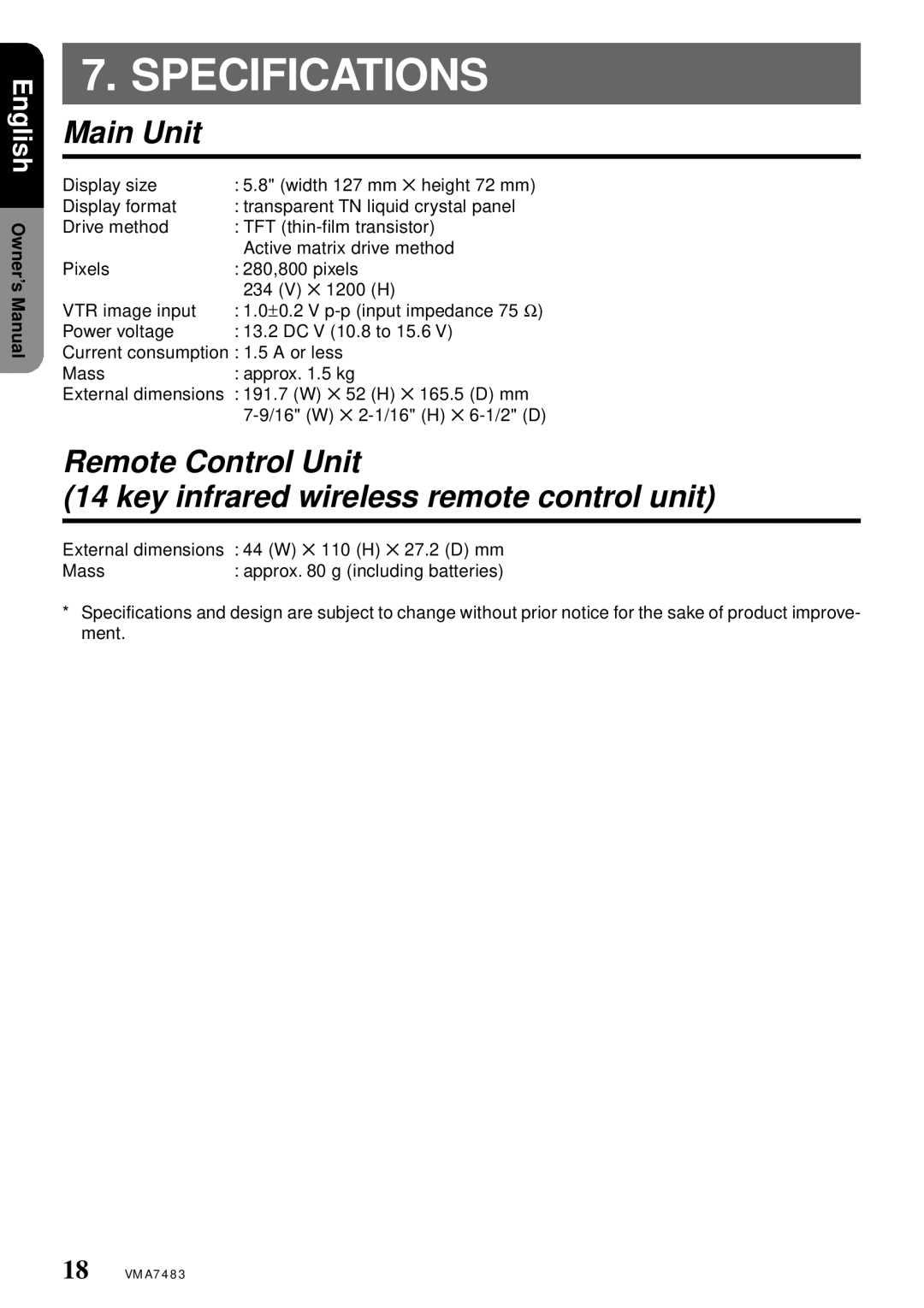 Clarion VMA7483 owner manual Specifications, Main Unit 