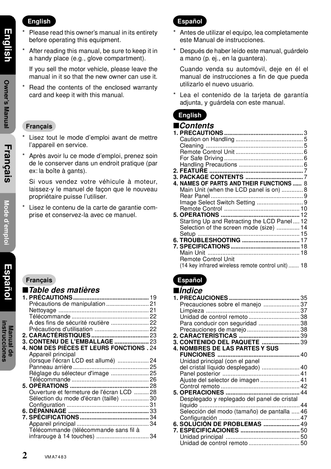 Clarion VMA7483 owner manual Table des matières 