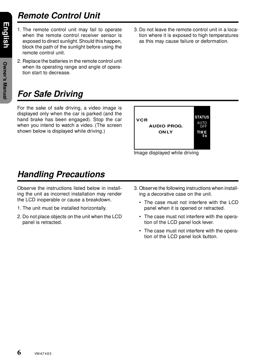 Clarion VMA7483 owner manual Remote Control Unit, For Safe Driving, Handling Precautions 