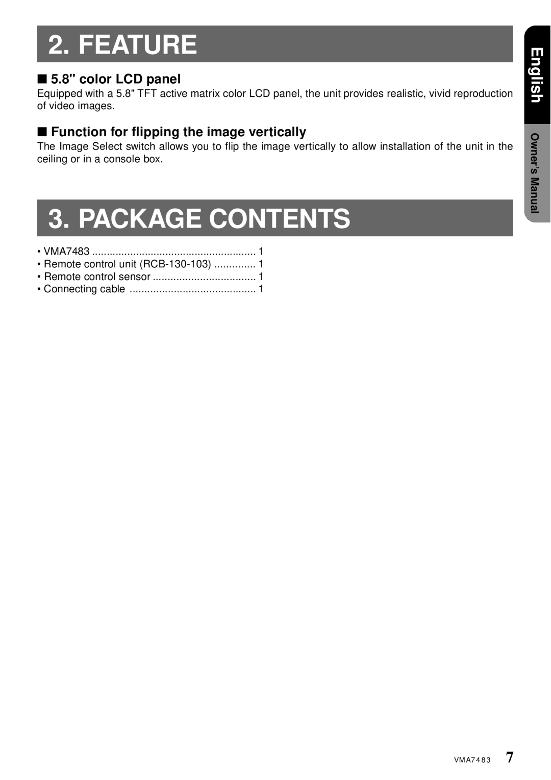 Clarion VMA7483 owner manual Feature, Package Contents 