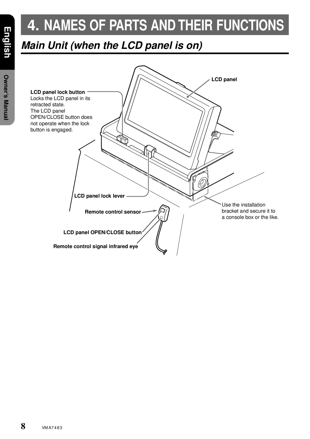 Clarion VMA7483 owner manual Names of Parts and Their Functions, Main Unit when the LCD panel is on 