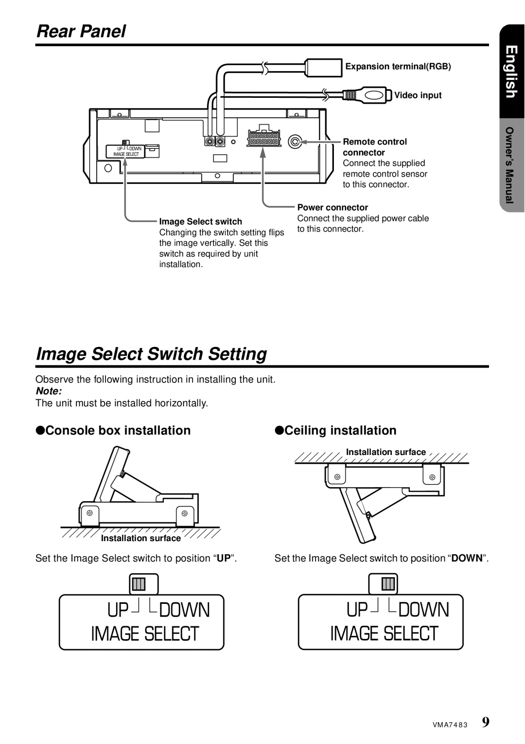 Clarion VMA7483 owner manual Rear Panel, Image Select Switch Setting, Console box installation Ceiling installation 