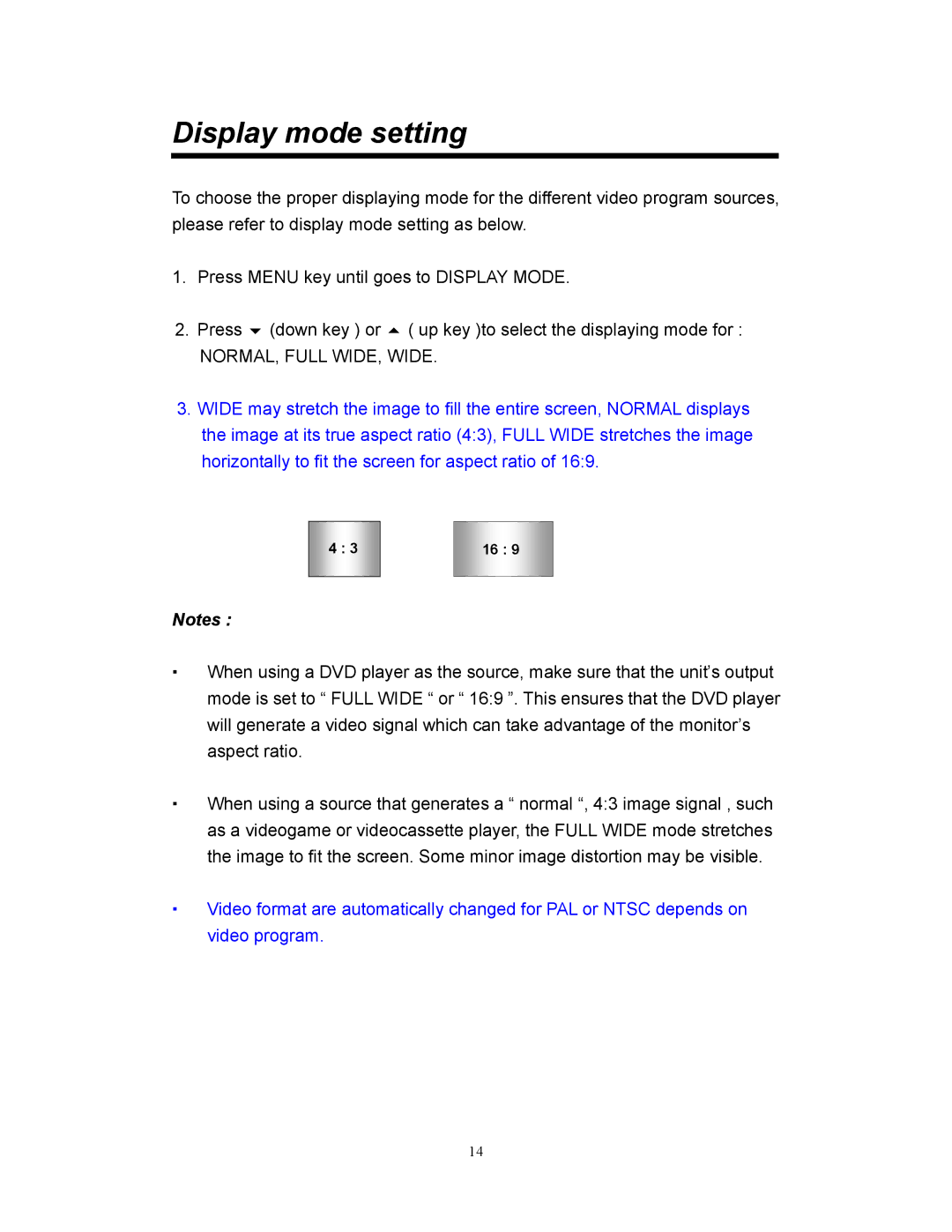 Clarion VMA773, VMA573 manual Display mode setting, NORMAL, Full WIDE, Wide 