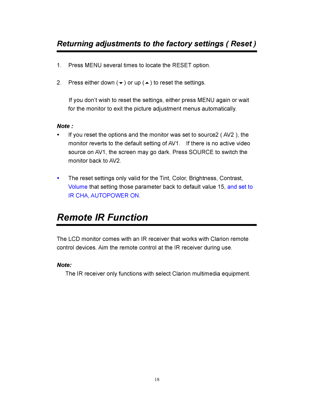 Clarion VMA773, VMA573 manual Remote IR Function, Returning adjustments to the factory settings Reset 