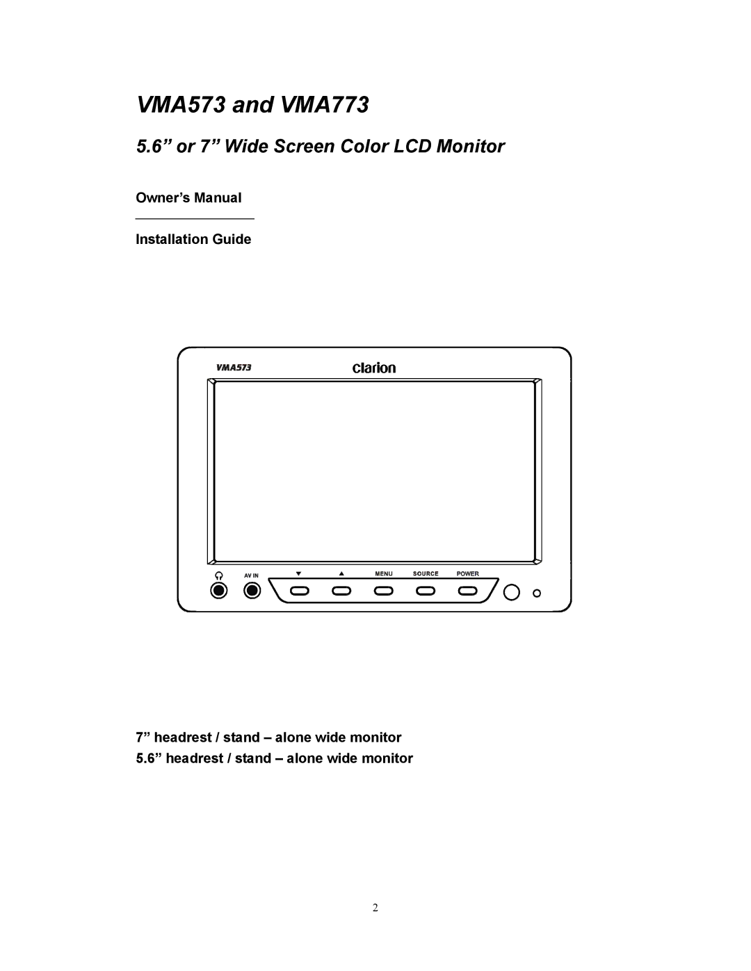 Clarion manual VMA573 and VMA773, Or 7 Wide Screen Color LCD Monitor 