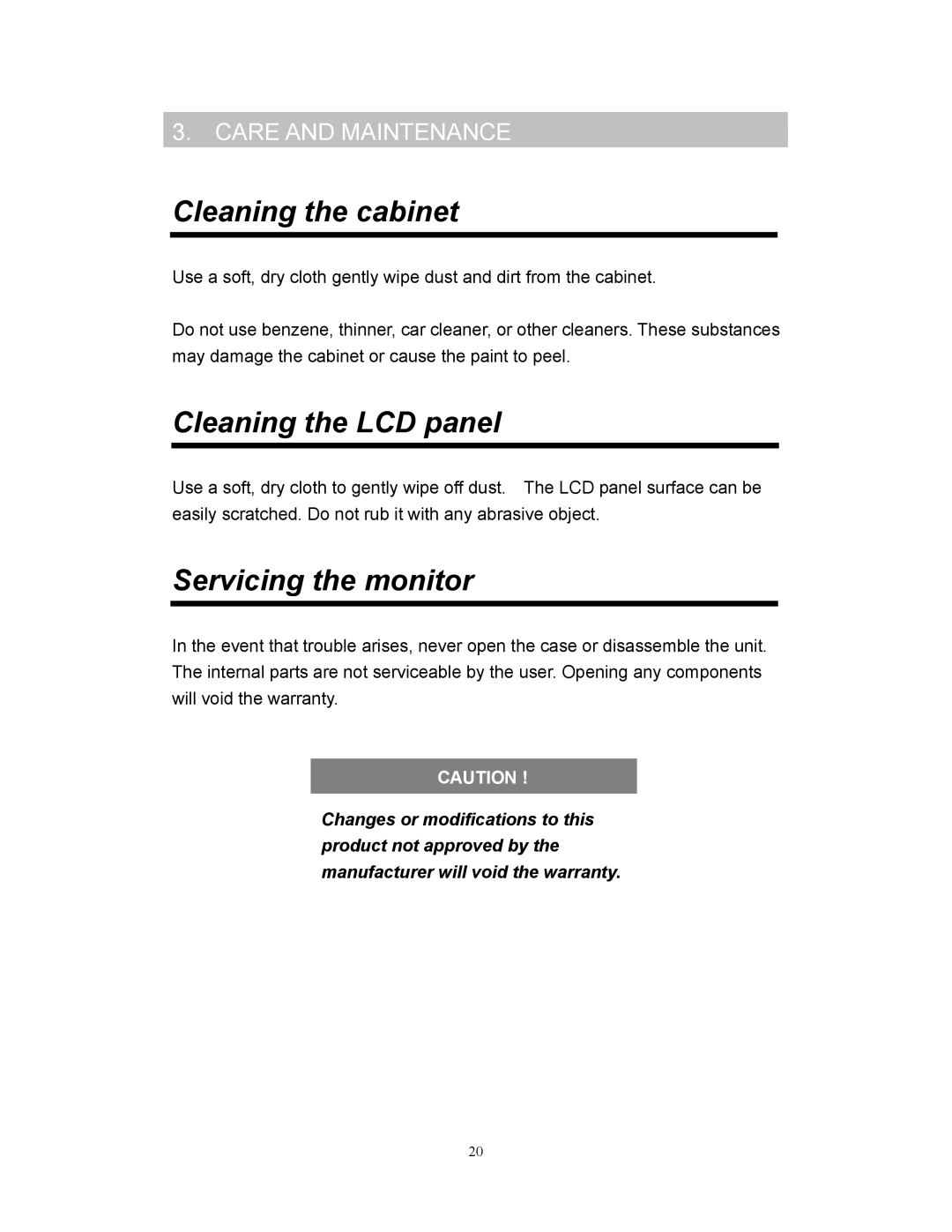 Clarion VMA773, VMA573 manual Cleaning the cabinet, Cleaning the LCD panel, Servicing the monitor 