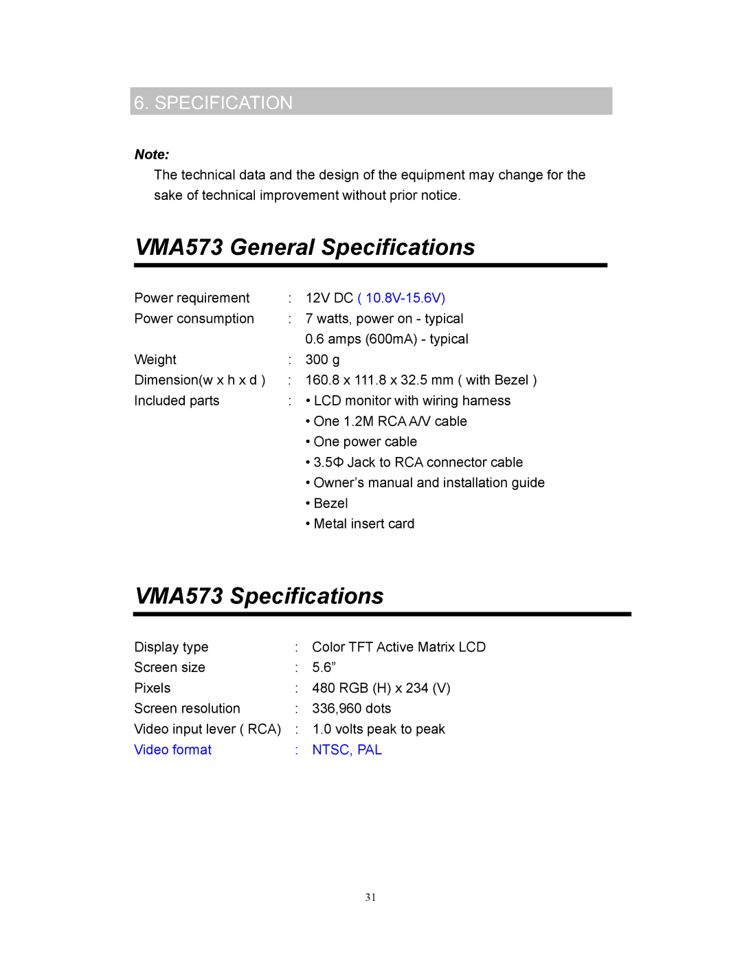 Clarion VMA773 manual VMA573 General Specifications, VMA573 Specifications 